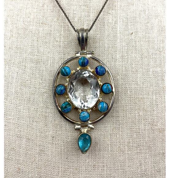 VTG 925 Silver Blue Clear Pendant Italy Chain Necklace Cluster 18" - Picture 3 of 16